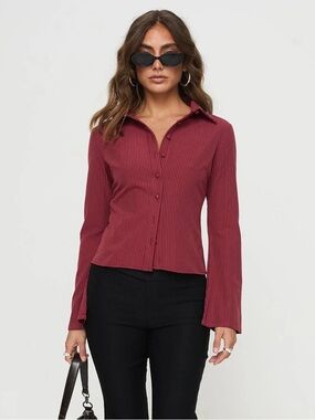 Princess Polly Anni Pinstripe Shirt Red - Size 4